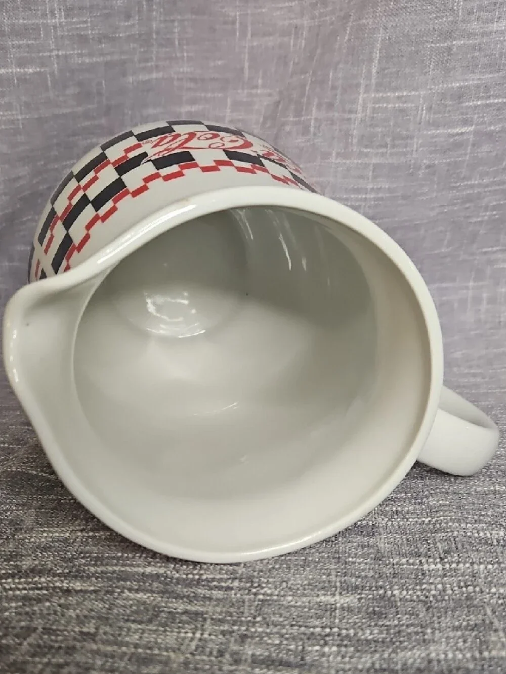 Coca-Cola White Ceramic Pitcher with Red Logo and Black Checkerboard